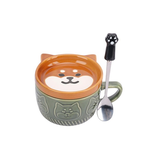 Green cat lid mug with - cat, biscuit